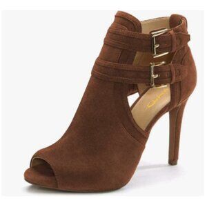 XYD Brown Peep Toe Ankle Booties Dual Buckled Straps Stiletto Heel Cutout Sandal